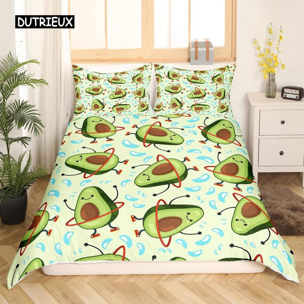 Avocado-Bettbezug-Set für Kinder, Kawaii-Bettwäsche-Set, süße Früchte, Bettbezug, Zwillingsgröße, tropischer botanischer Cartoon-Bettbezug