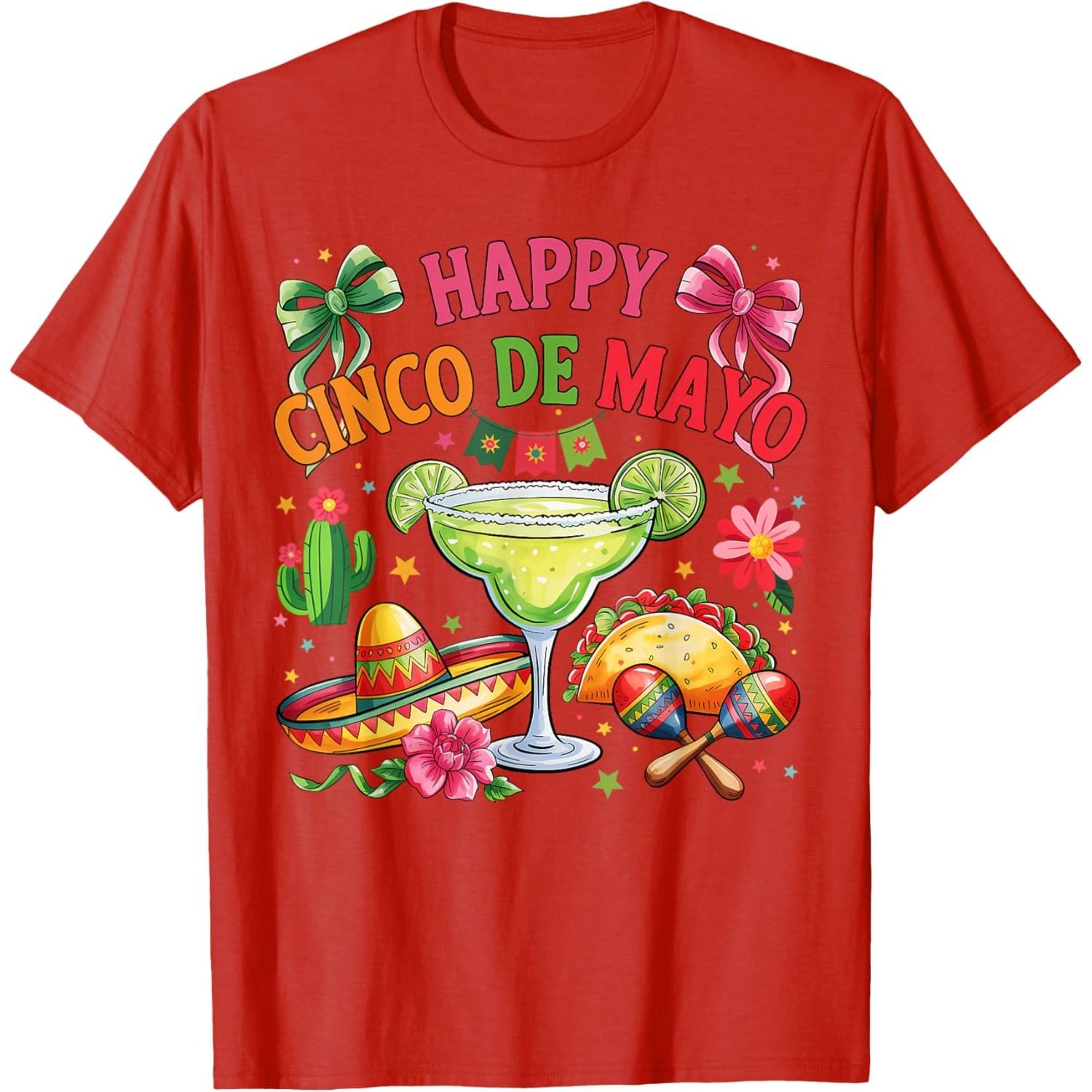 Happy Cinco de Mayo Margarita Taco Sombrero Graphic TShirt Casual Short Sleeve Crewneck Tee S