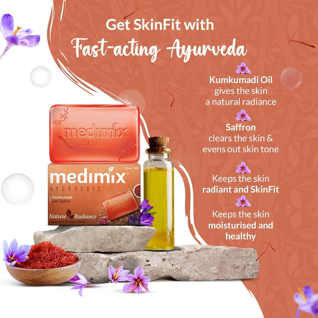 Medimix Ayurvedic Kumkumadi Bathing Soap Bar With Saffron For Radiant Glow & Moisturised Skin | Natural Herbal Paraben-Free Vegan | 125Gm X 5 Soap