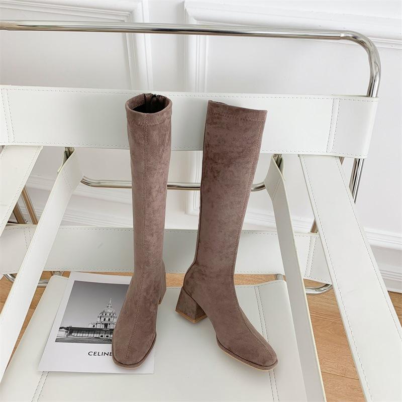 2024 autumn and winter square head thick heel knight boots women's tall rear zipper long boots Korean version ins wind long boots children