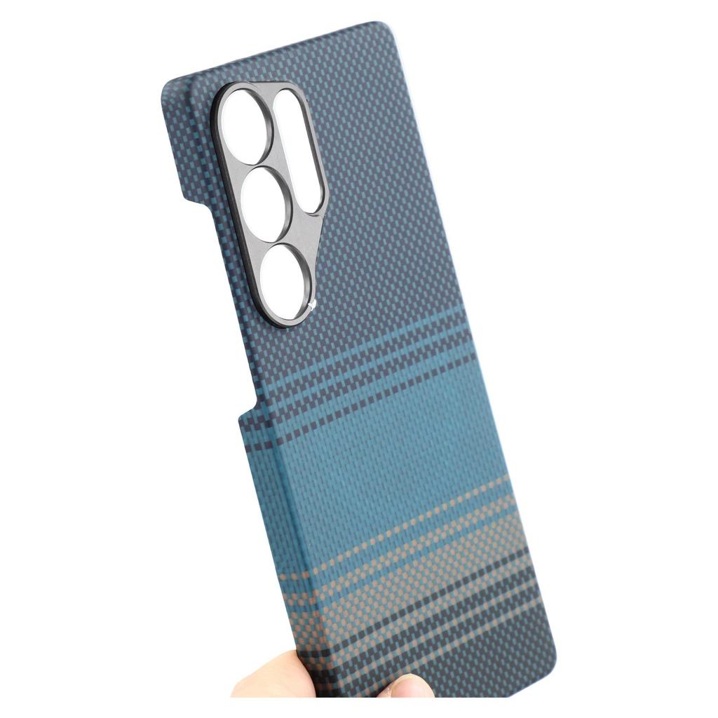 Per Samsung Galaxy S25 Ultra Custodia Magnetica Ritagli Precisi Cover per Telefono in Fibra Aramidica Gradiente con Cornice Obiettivo in Metallo