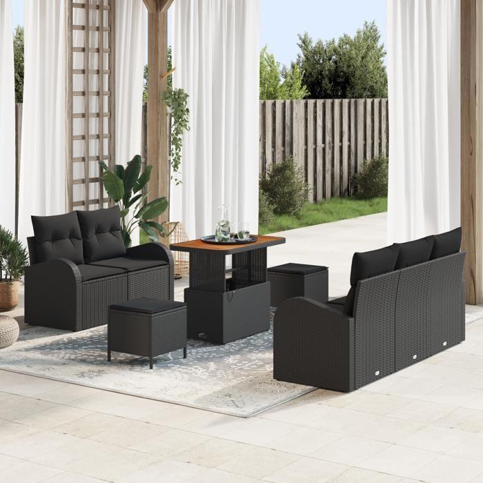 Ensemble de 8 canapés de jardin noir avec coussins en poly rotin et acacia 3364289