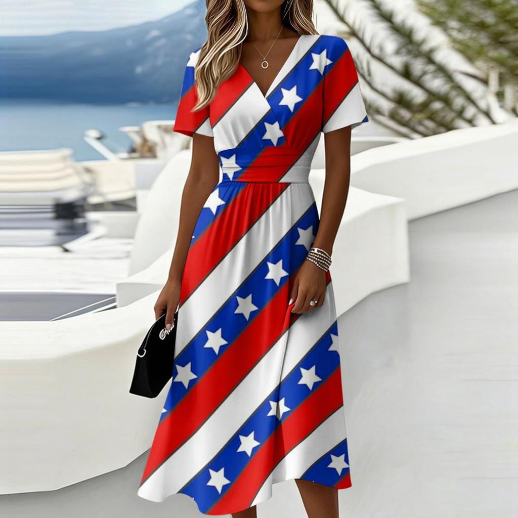 Women's Independence Day Print Casual Fashion Short Sleeve V-Neck Dress