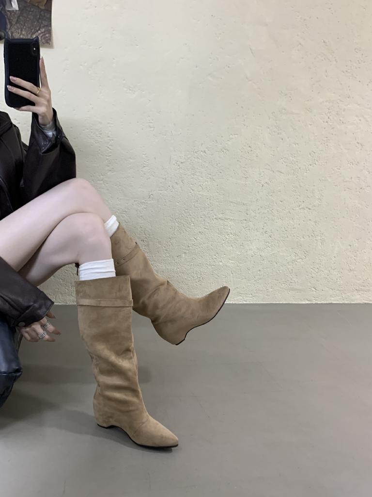 Autumn and winter new boots square head inner height increase belt buckle straight boots retro sleeve women's boots
