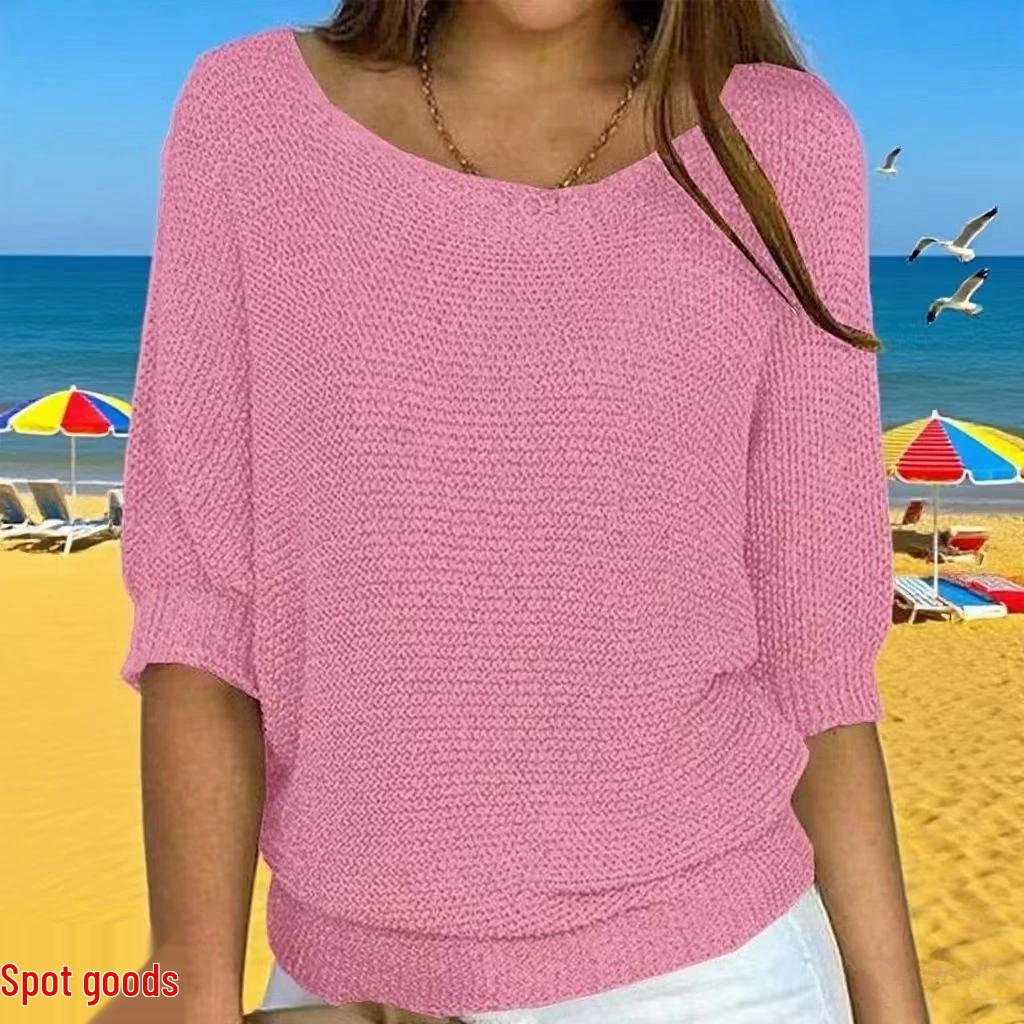 2026 Women's Solid Color Round Neck Knitwear Three-Quarter Sleeve Top