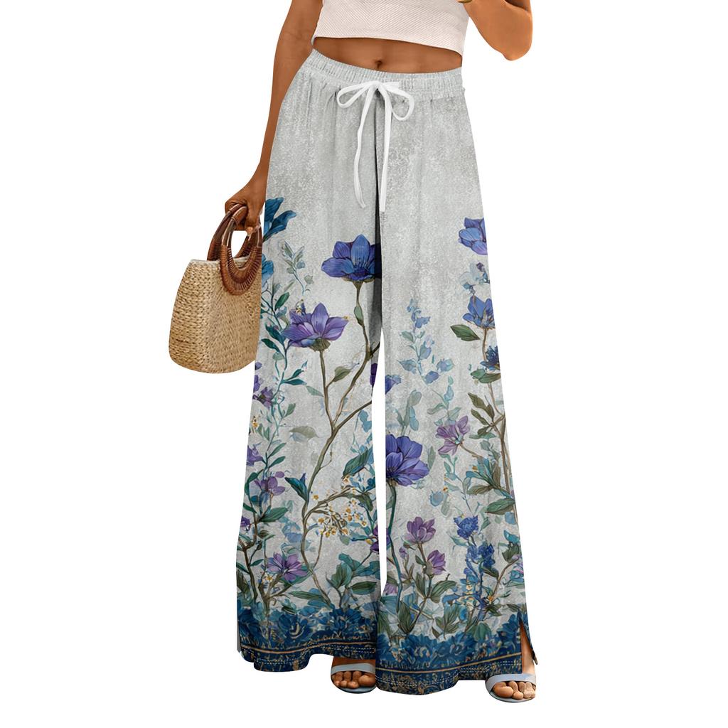 Dámské letní kalhoty Boho Palazzo s vysokým pasem a širokými nohavicemi s květinovým potiskem ležérní kalhoty s kapsami
