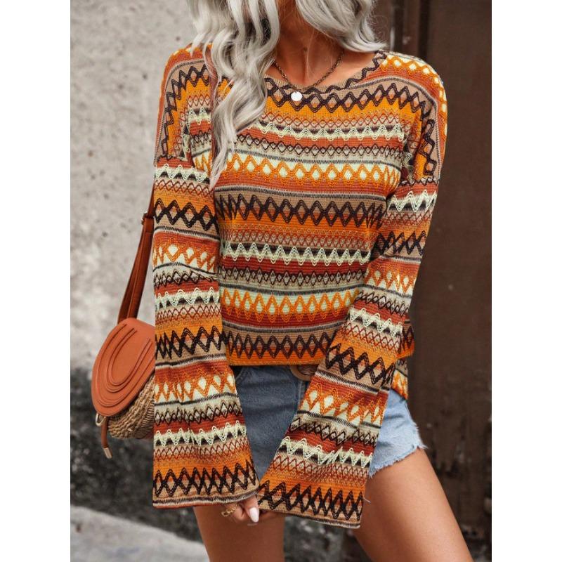 Damen S Locker Mode Langarm Strickoberteil Rundhalsausschnitt Geometrisches Muster