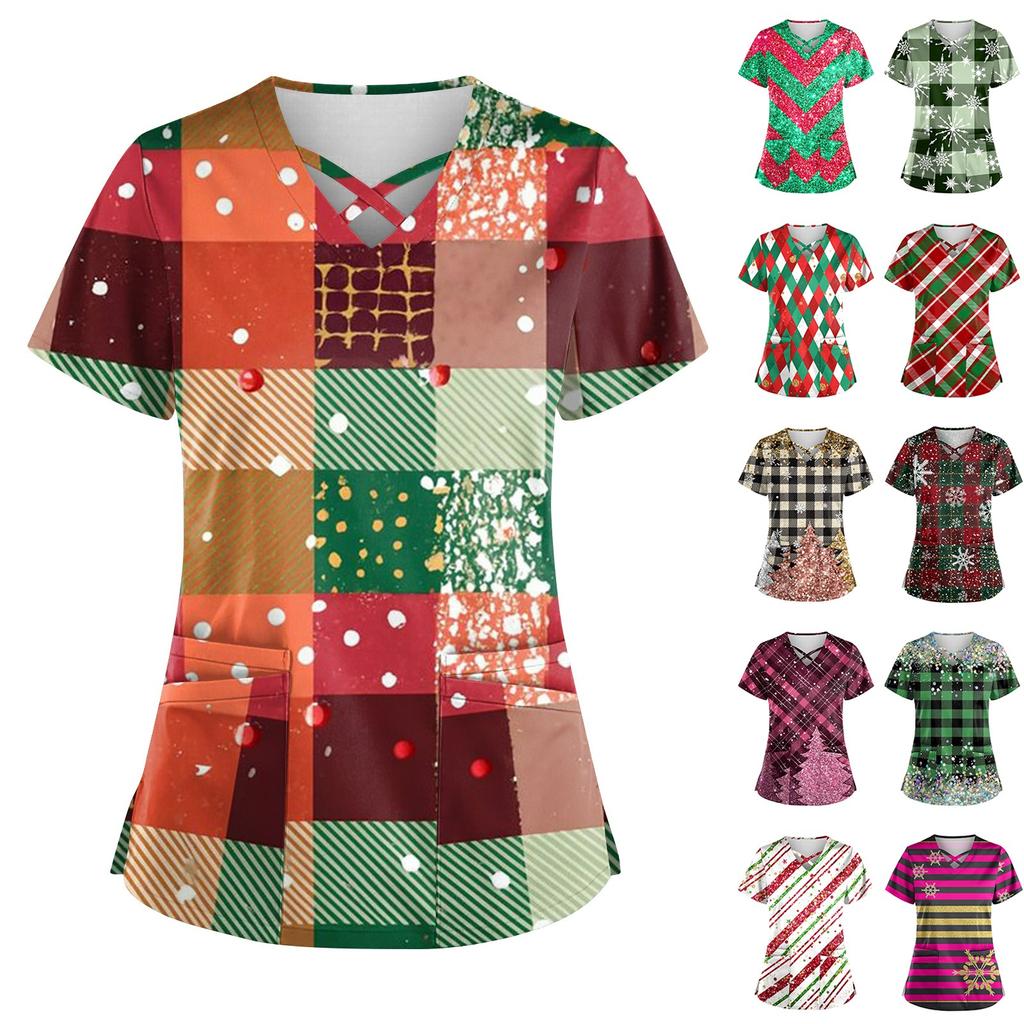 Damen Weihnachtsdruck Uniform Arbeitsuniform V-Ausschnitt Tasche Schutz Arbeitsuniform