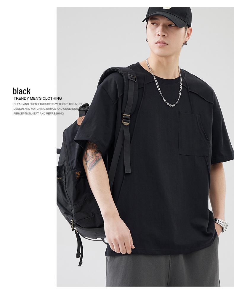 An Yang Pánské černé sešívané letní tričko s krátkým rukávem: Niche Jednobarevný design