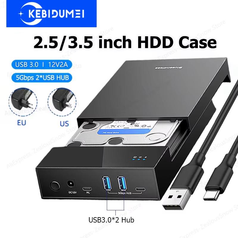 2.5/3.5 Inch HDD/SSD Enclosure USB3.0 HUB Support 20TB USB Ports External Hard Drive Box for 3.5 2.5 Inch SATA SSD HDD Case