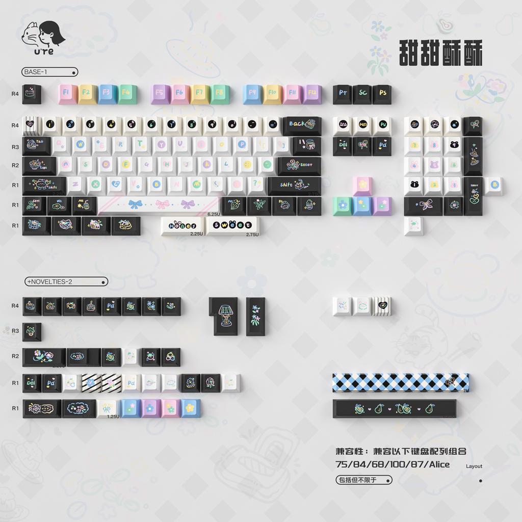 Sweet Crisp Keycaps 152Keys Cherry Pbt Black And White Desserts Feasible Customized Ansi/Iso Layout 7U Space Bar Keycaps