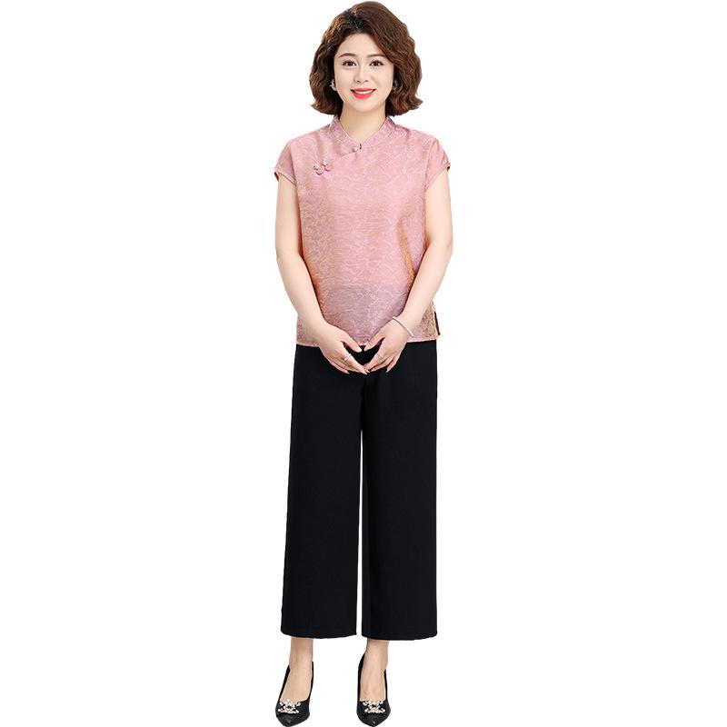 Mom's Chic Summer Chinese Style Two-Piece Short-Sleeve Top for Middle-Aged Women