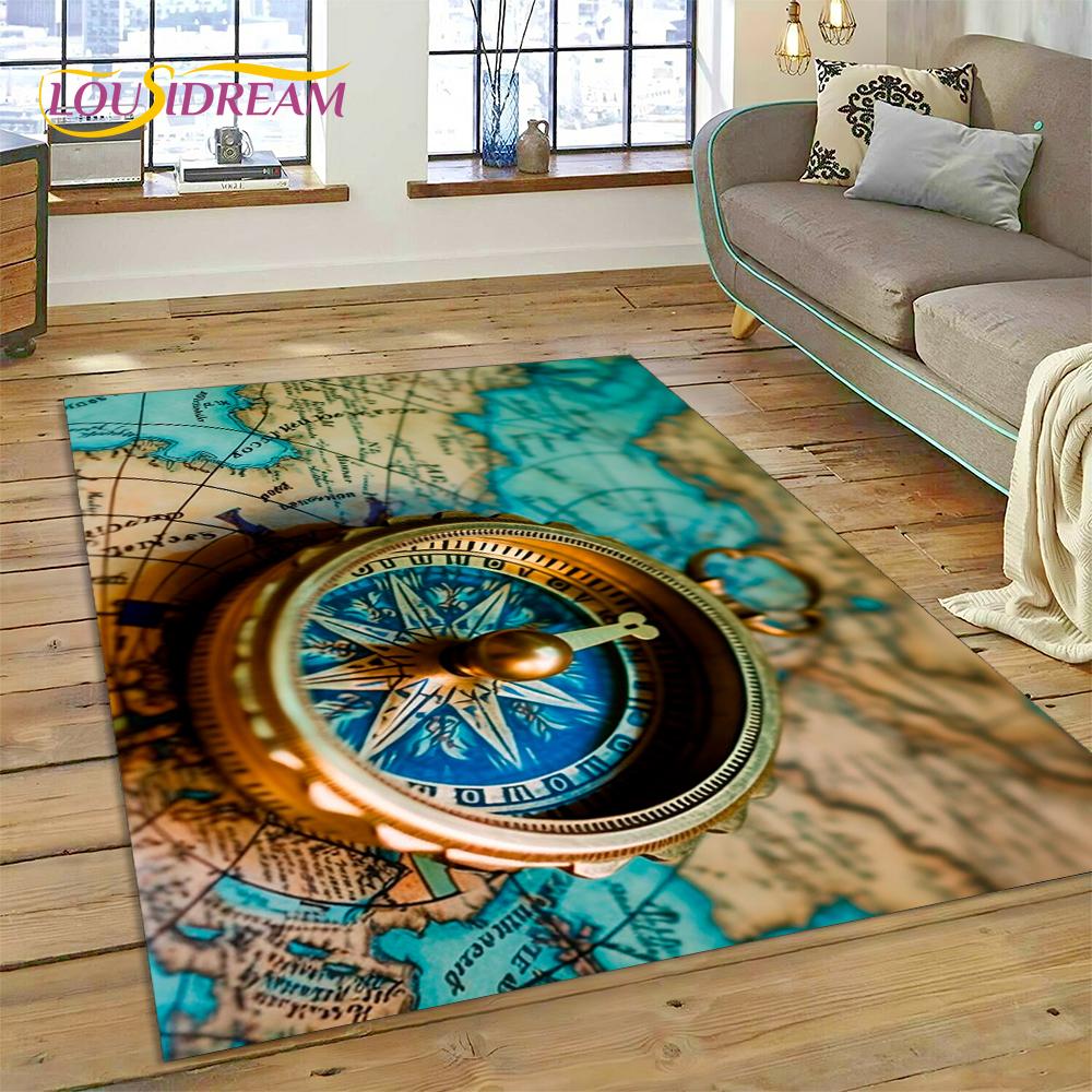 Ancient Nautical Chart World Map Compass Rug Carpet for Living Room Bedroom Decor,Floor Mat Non-slip Decoration for Sofa Doormat