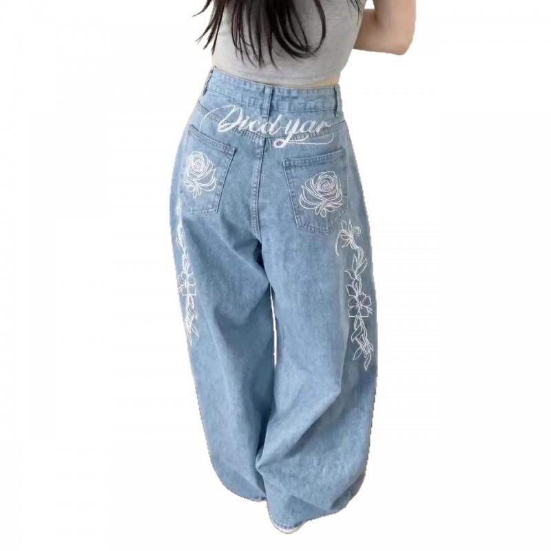 

American High Street Hot Girl Letters Flower Embroidery Machete Jeans Women s Y2k Loose Waist Wide-leg Floor Trousers L озеро синий