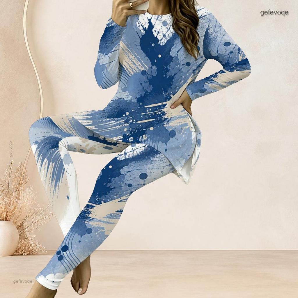 Women Plus Size Printed Two Piece Set Round Neck Long Sleeve Longline Top Fitted Pants Blue Beige