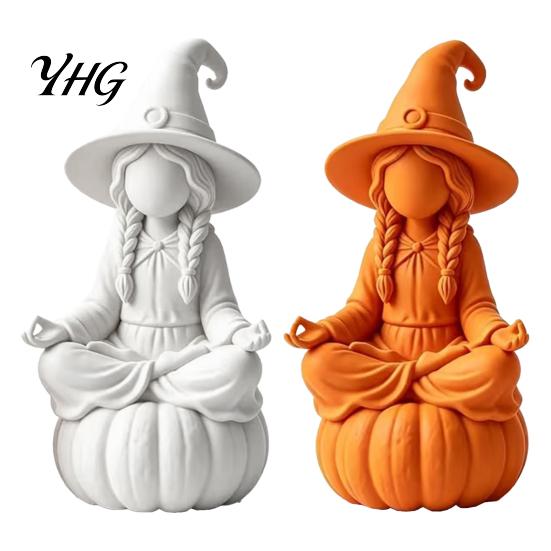 Halloween Witch Figurine 3D Printed Meditating on Pumpkin Base, Minimalist Fantasy Theme Room Accents Autumn Desktop Statue, DIY Paintable Ornament