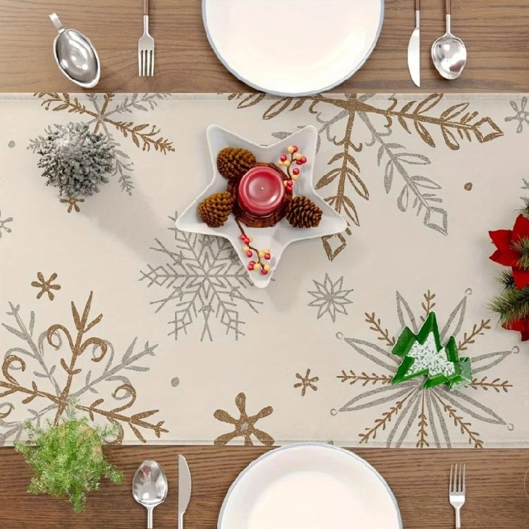 Snowflake Winter Table Runner Tablecloth in White Gold Linen for Seasonal Christmas and Holiday Table Setting Decoration