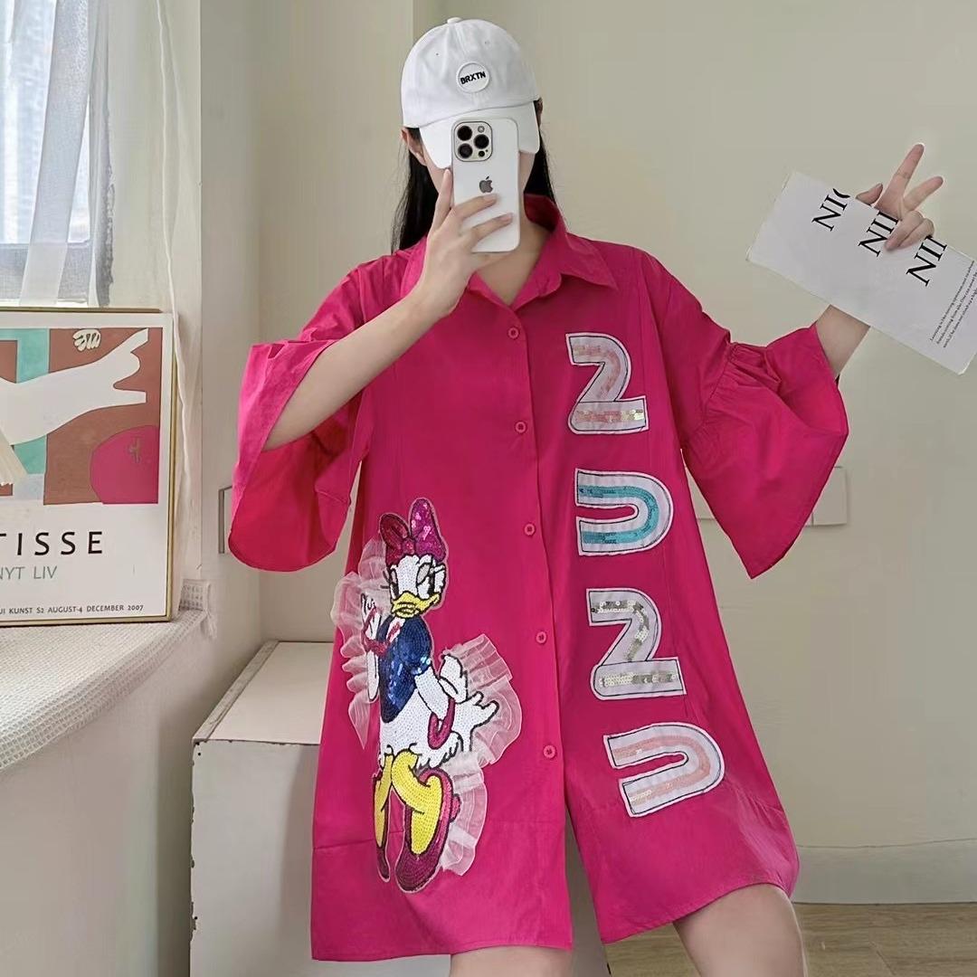 Thailand trendy brand summer new cartoon heavy industry sequins loose horn sleeve shirt women s niche shirt foreign style top One size fits all розы красного