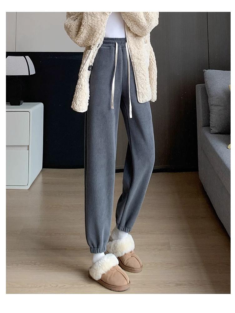 Petite Slimming Fleece-Lined Corduroy Joggers for Women - Cropped Drawstring Pants for Autumn/Winter Casual Sport