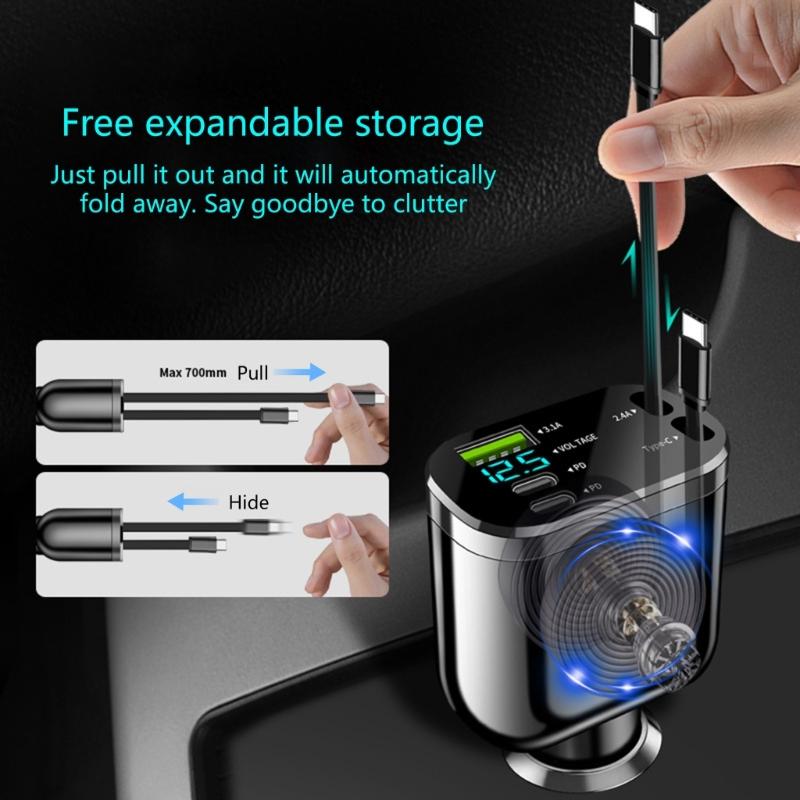 Small Car Charges Retractable 70cm Cable 3 Type C Ports 180 Degree Swivel Head Fast Charging Adapter for Mobile Devices