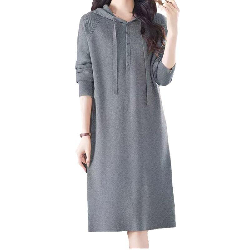 Hooded Autumn and Winter Knitted Dress New Casual Long Loose Women's Sweater Skirt Outer Wear