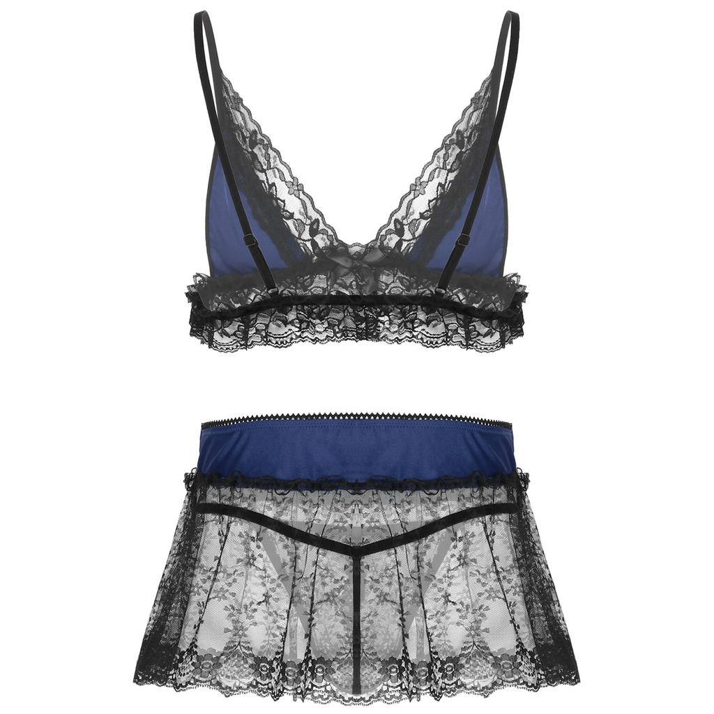 Pánské květinové krajkové crossdress spodní prádlo bez drátěná podprsenka top s tanga sukně pyžamo oblečení na spaní