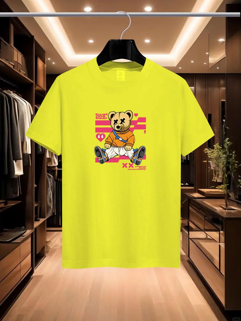 2025 Summer Men's Luxurious and Fashionable Cartoon Bear Brand Printed T-shirt, Pure Cotton Round Neck, Casual and Trendy Y2K