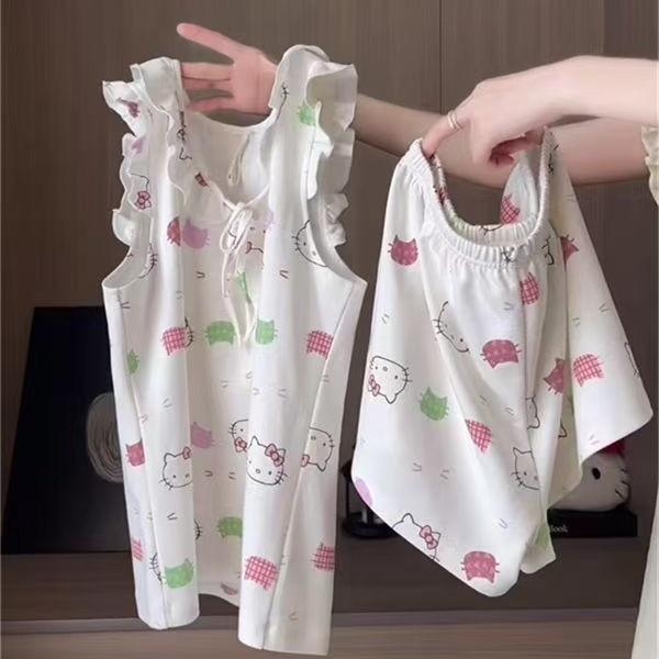 Sweet and Cute Kitty Cat Suspender Pajamas Women's Summer Thin Vest Short Suit Student Dormitory Loungewear