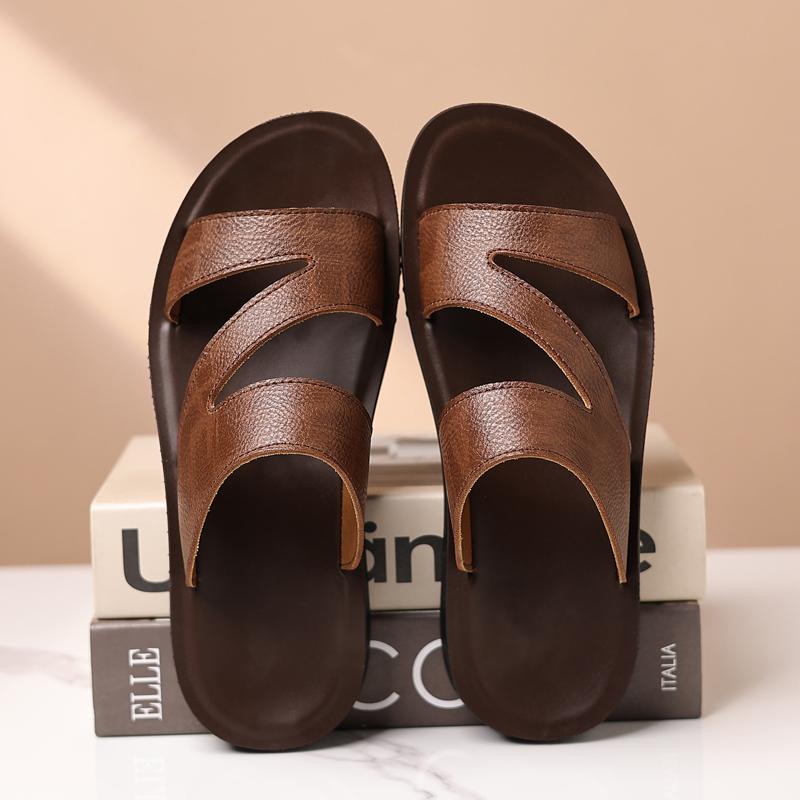 Fashion All-match Summer Men's Slides Simple Man Casual Leather Beach Shoe Non-slip Casual Slippers Outdoor Sandalias Garden Half Drag