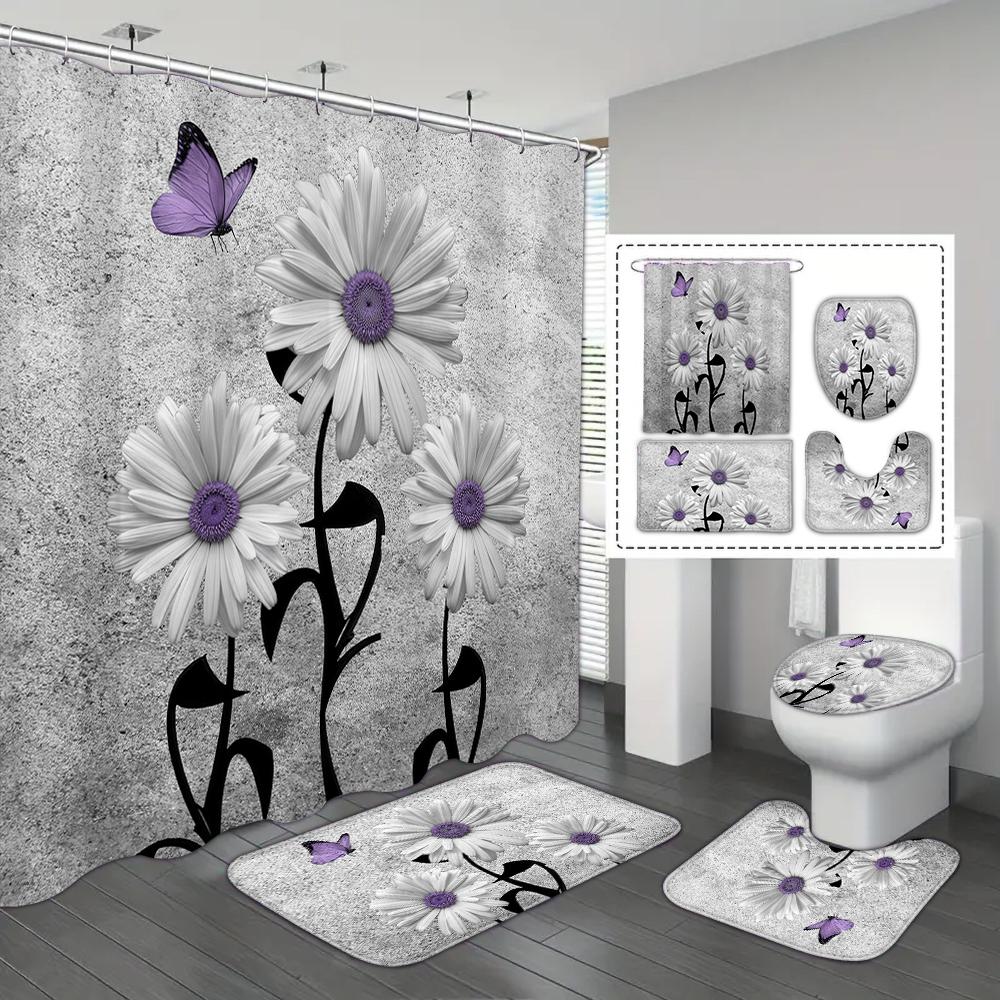 4-piece Set of Blue White Jade Orchid Waterproof Printed Shower Curtains with 12 Hooks, Bathroom Floor Mats