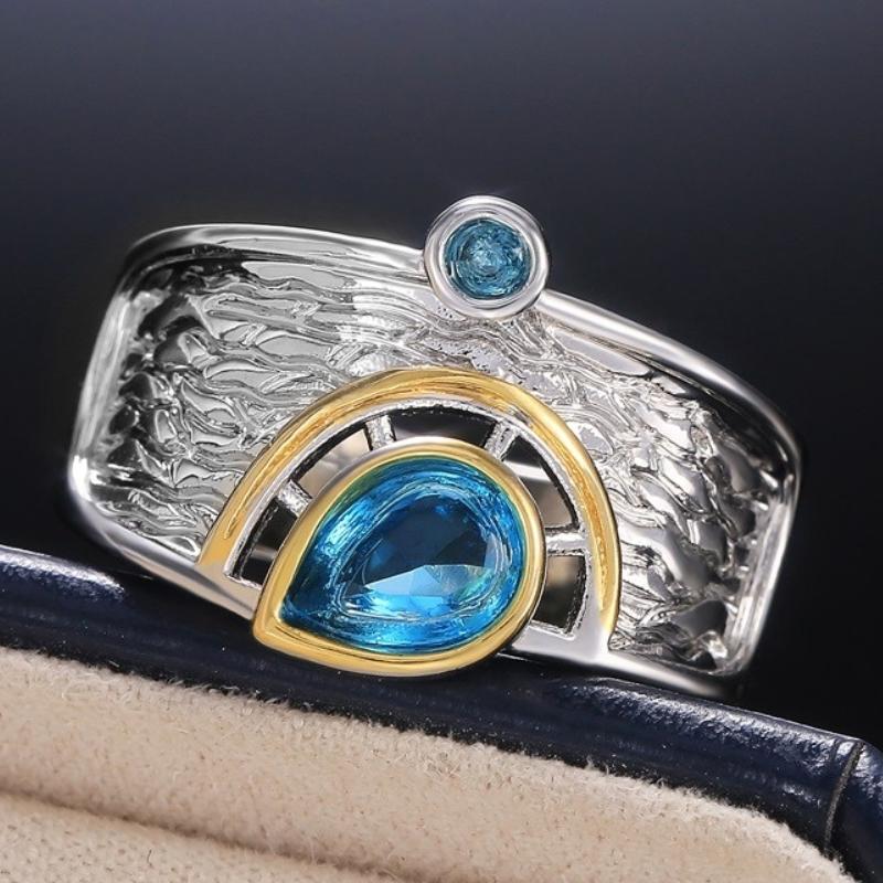 

CAOSHI Ethnic Style Band Rings for Women High Quality Inlaid Blue Water Drop Shape Cubic Zirconia Gorgeous Banquet Party Jewelry 10&Two Tone