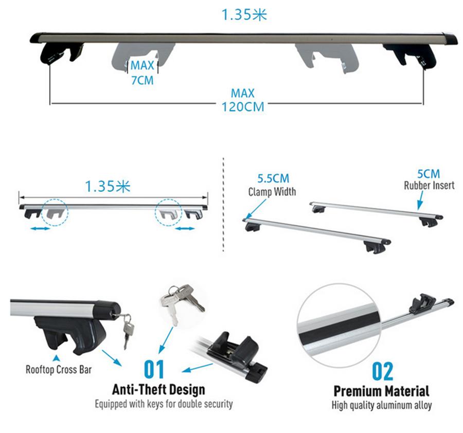 53" Car top Luggage Cross bar With T-slot, Suitable For Most Vehicles With Stock Roof top Side