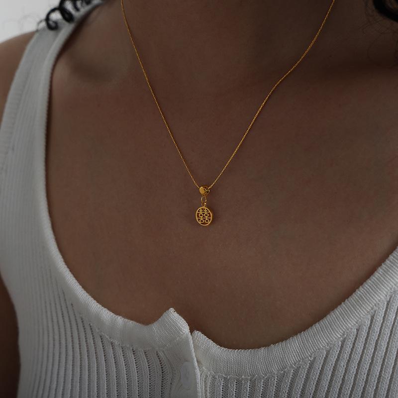 Chinese Character Pendant Necklace For Women 18k Gold Plated No Tarnish Women's Stainless Steel Chain Necklaces