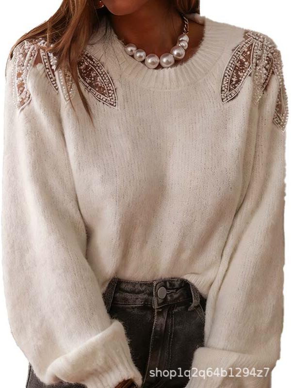 New Spring Pearl-Embellished Women's Round Neck Knit Sweater - Lightweight Wool Top