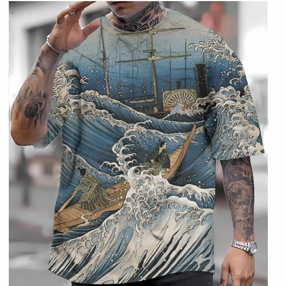 Men's T-shirt short-sleeved tops Japanese style Ukiyo-e clothing