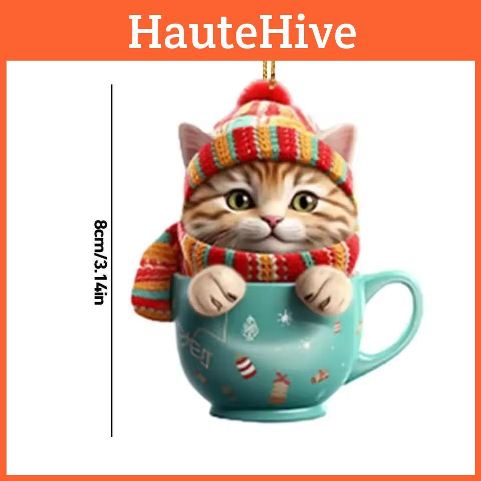 Cartoon Cute Tea Cup Cat Pattern Acrylic Pendant For Christmas Tree Decoration
