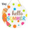 Coastal Style Wall Hanging Hello Summer Door Sign, Ice Pop Flip Flop Welcome Hanger, Decorative Plaque Farmhouse Wooden Wreath for Front Home