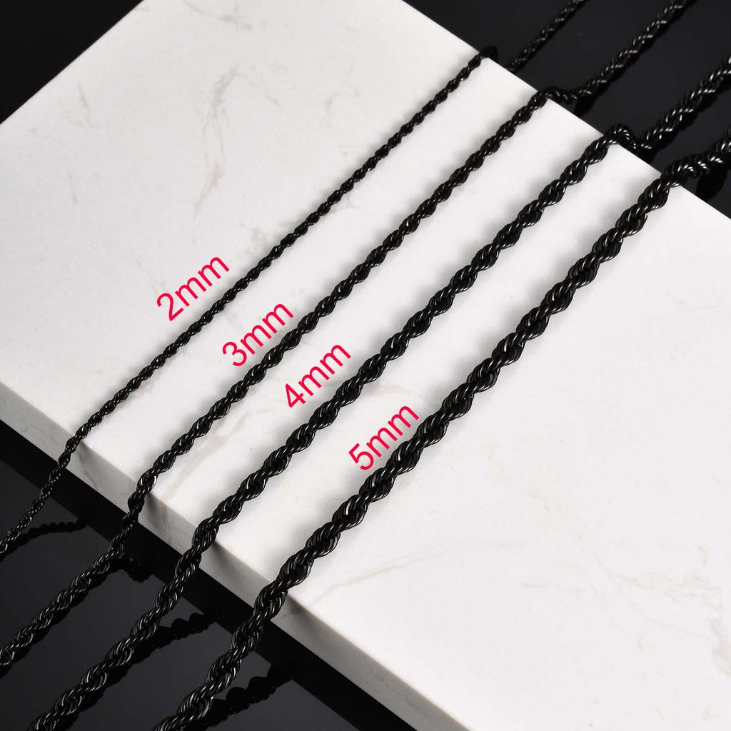 Black Twisted Rope Long Chain Necklace for Men Boys,Waterproof Stainless Steel Links Collar,Classic Simple Male Jewelry Gift