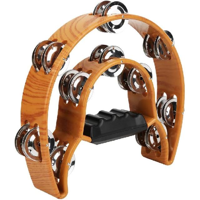 Double Row Jingles, Half Moon Musical Tambourine Double Row Handbell Tambourine Metal Jingles with Ergonomic Grip Percussion Instrument for KTV Party
