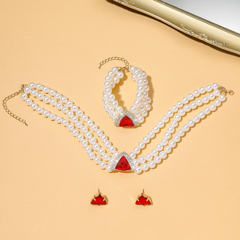 Geometric Crystal Multilayer Imitation Pearl Necklace Necklace Bracelet Stud Earrings Set Bridal Crystal Jewelry Women