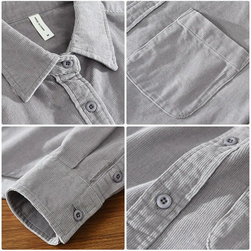Korean Fashion Men Tops Spring/Autumn Daily Casual Long Sleeve Pure Cotton Shirts Square Collar Corduroy Solid Color Shirt Simple Style Men Clothing