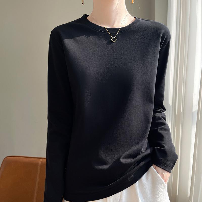 Women's Crew Neck Long Sleeve T-Shirt Regular Fit Elegant Lady Style Mercerized Cotton Solid Color Spring Casual Versatile Basic Layering Top