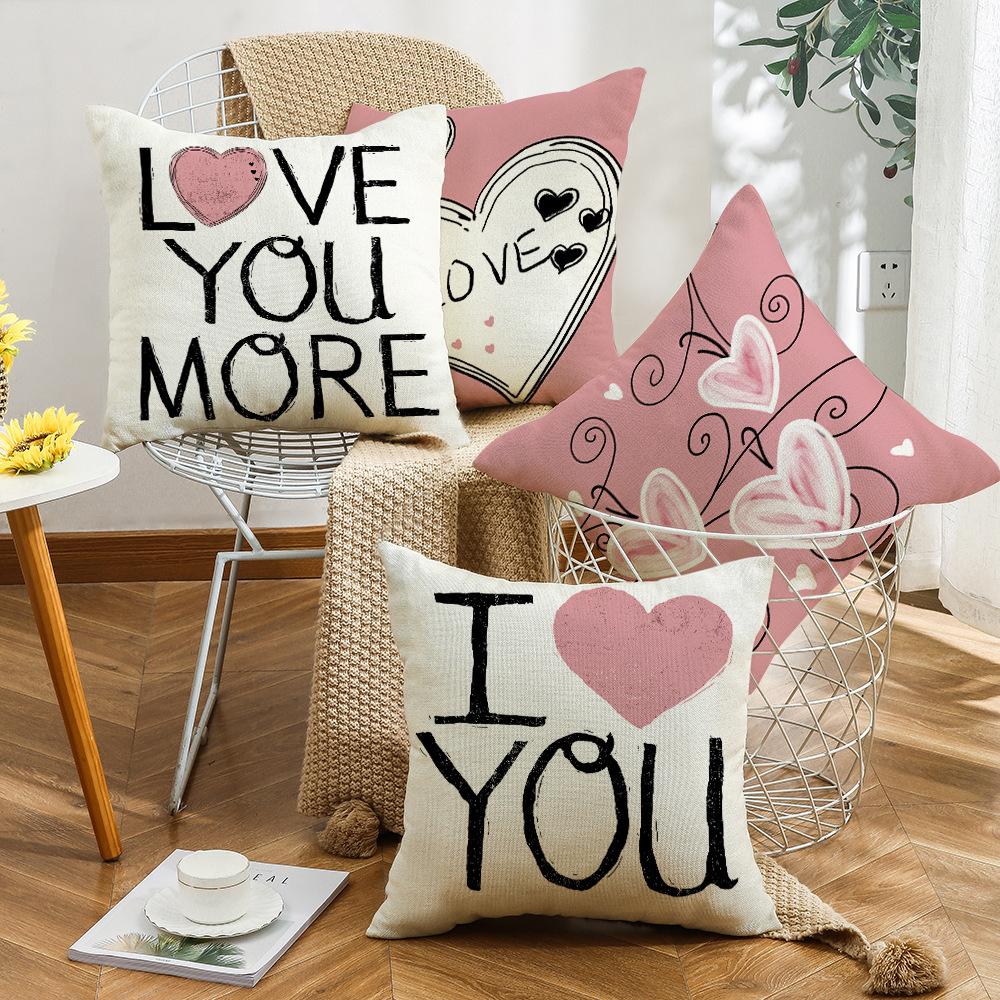 New Valentine's Day Pillow Case Pink Love Linen Print Couple Home Living Room Sofa Cushion Pillow
