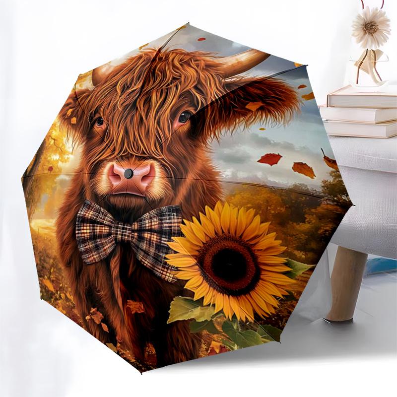 Autumn Bow Tie Highland Cow Sunflower Print Umbrella - Portable Folding Design, Iron Frame, Outdoor Rain Gear, Festival Gift for Fans, Trave