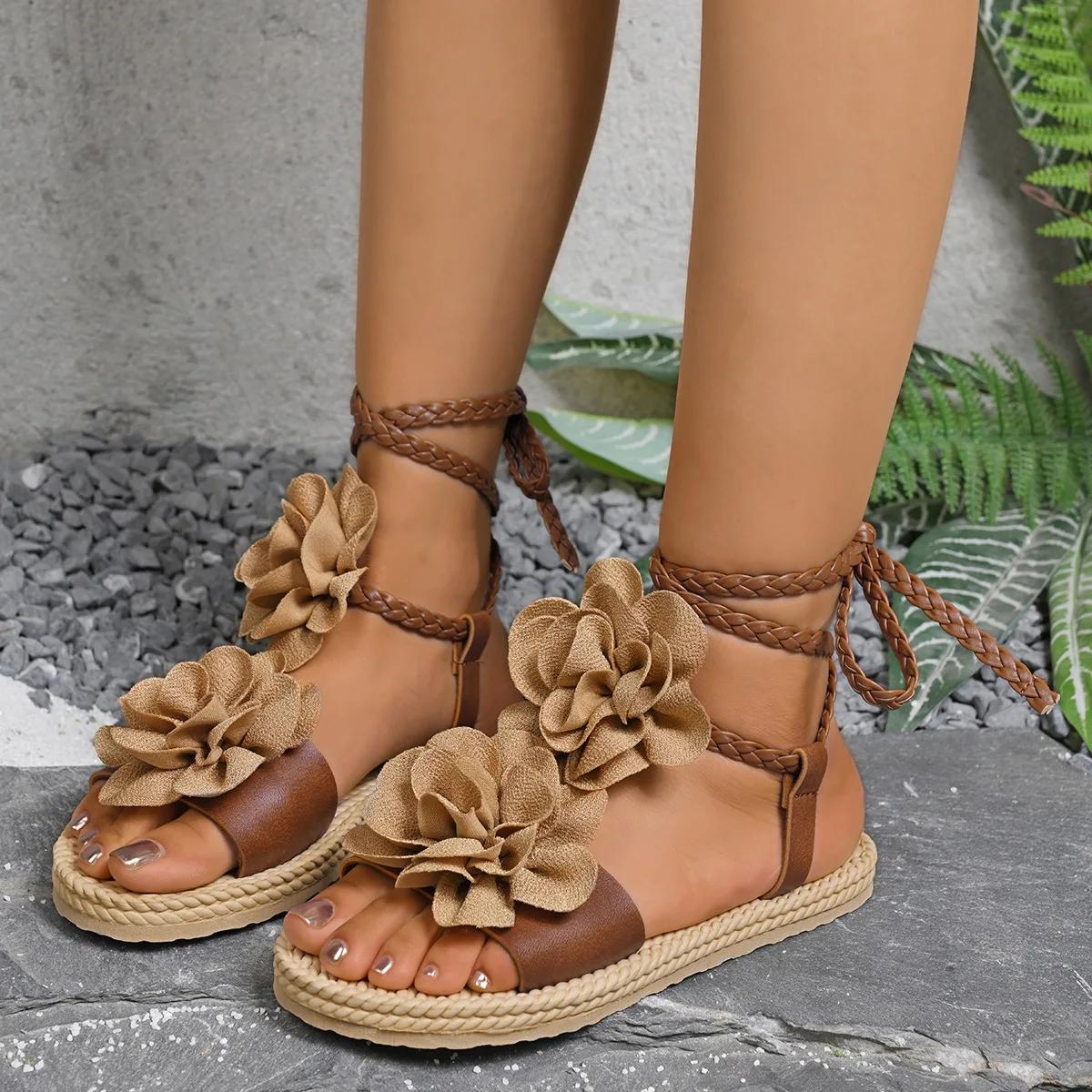 

Fashion New 2025 Large-sized Ankle Lace-up Flower-shaped Sandals for Women, Fashionable Woven Strap Beach Flip-flops for Women Shoes 43 светло-коричневого