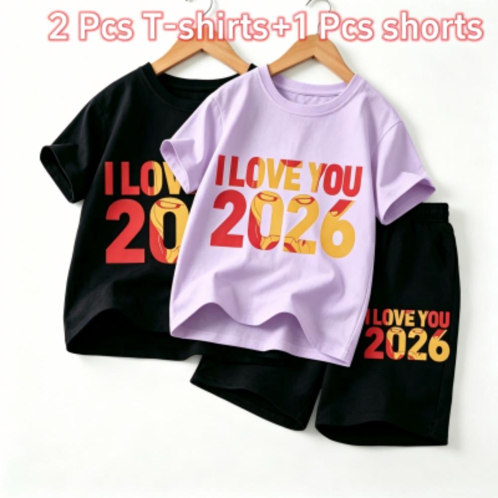 Fashion Letters I Love You 2026 Print Outdoor Street Kids T-shirt and Shorts Summer Home Casual Outfit Boy and Girl's Sports Set
