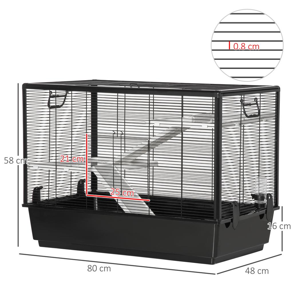 Guinea Pig Cage with Handle, Water Tank, Ramp and Tray, 80x48x58cm, Black