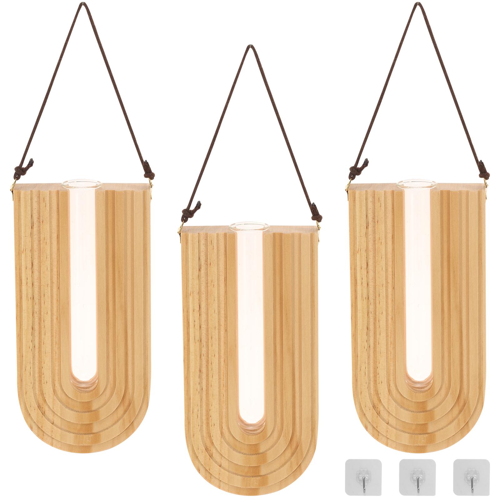 

3 Pcs Simple Wooden Flower Vase Wall Mounted Vase Indoor Plant Propagation Station Hanging Planter for Indoor Home Decoration