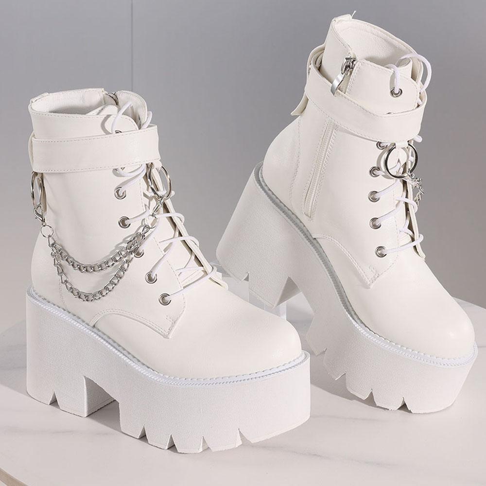 Women Gothic Ankle Thick Platform Metal Chain Decor Punk Chunky High top Heeled Motorcycle Short Fashion Stylis 43