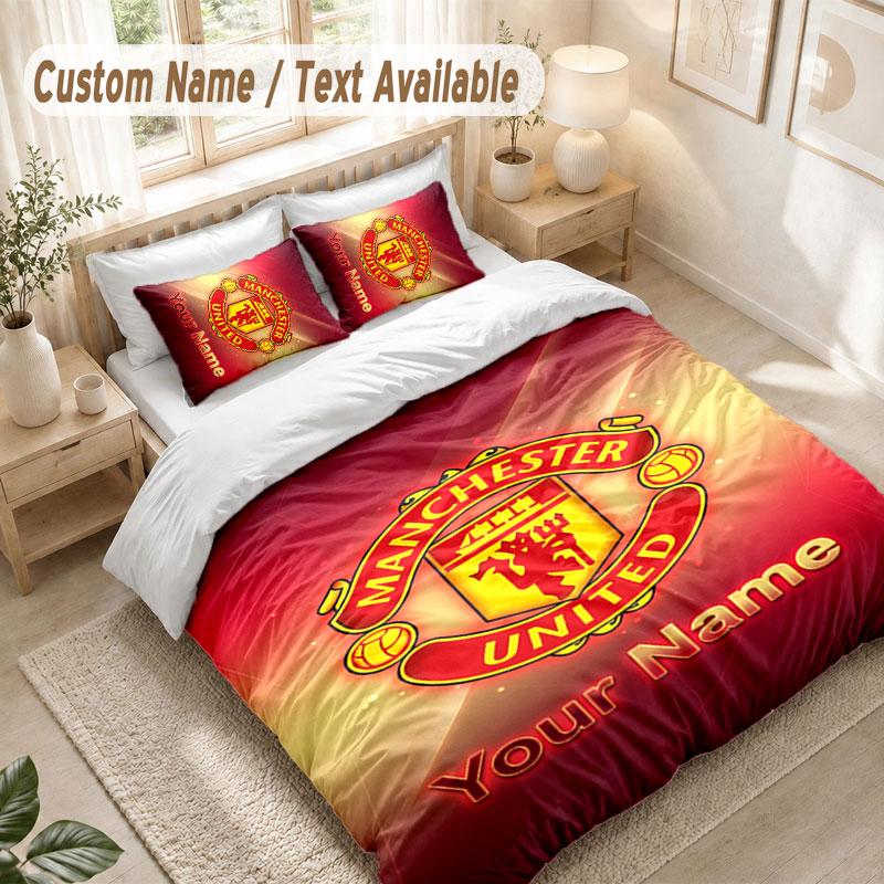 Custom Name Bedding Set 3 PiecesManchester United Print Duvet Cover + 2 Pillowcases Soft Bed Decor